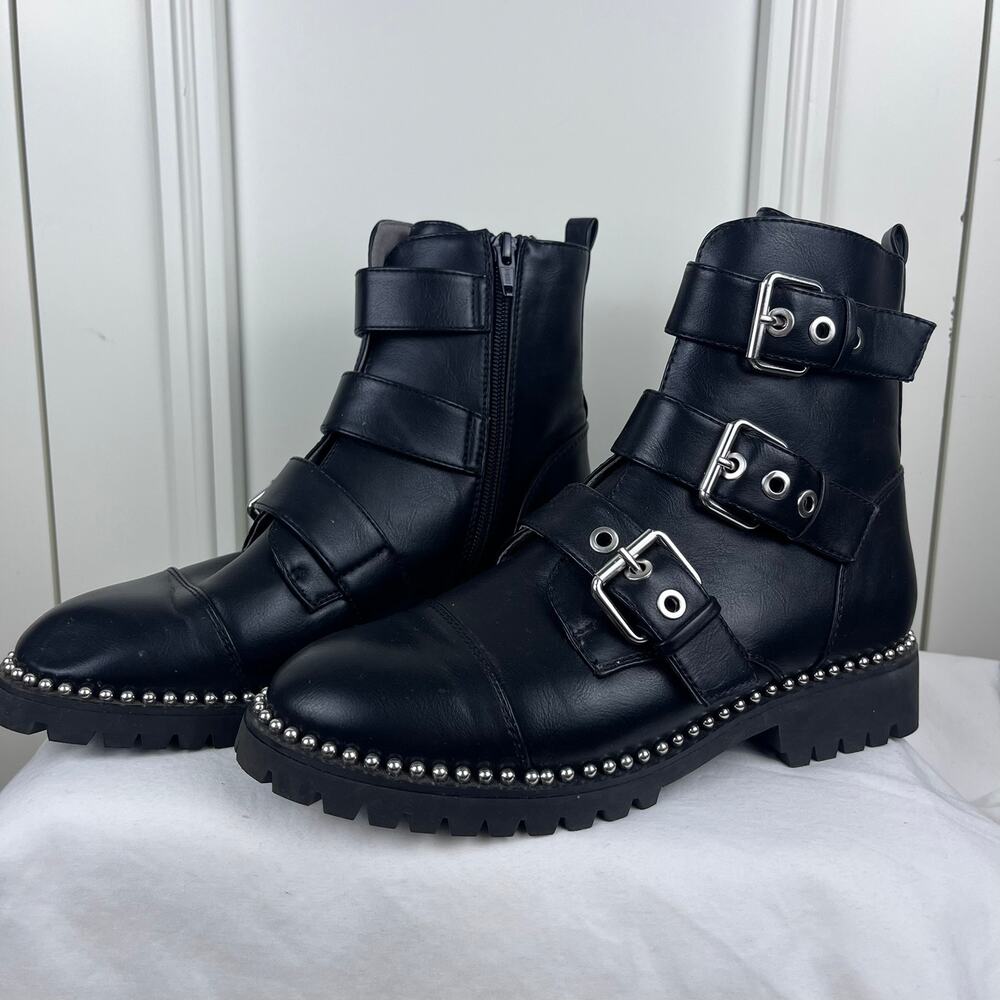 Seven Dials Womens Sherlock Black Moto Boots Studs Buckles Size 7.5